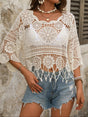 Women's open crochet lace cover-up top with 3/4 sleeves and fringed hem