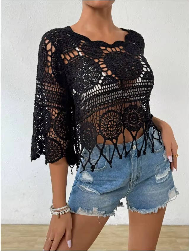 Women's open crochet lace cover-up top with 3/4 sleeves and fringed hem