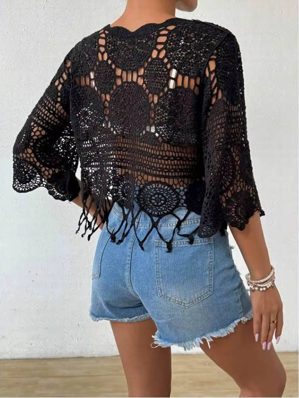 Women's open crochet lace cover-up top with 3/4 sleeves and fringed hem