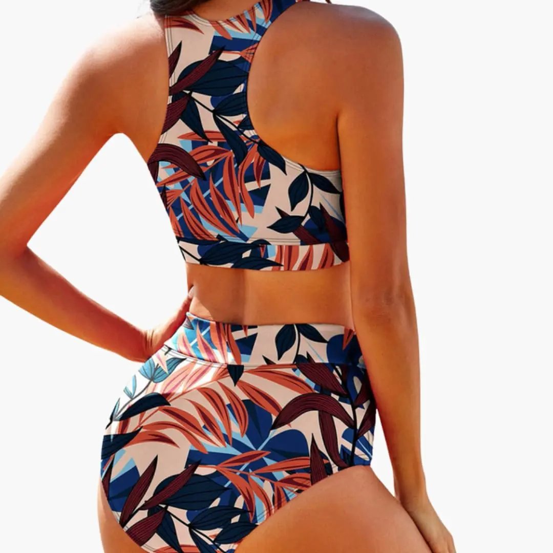Women's sleeveless bikini set with mid-rise bottoms in plain and floral designs