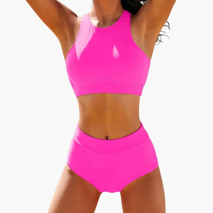 Women's sleeveless bikini set with mid-rise bottoms in plain and floral designs
