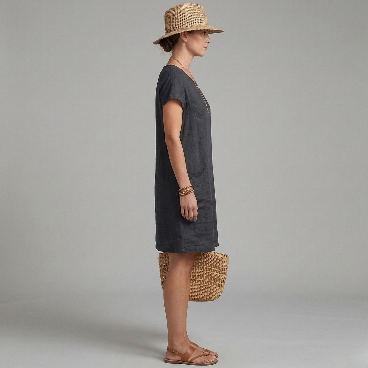 Women's short-sleeve textured mini dress with front patch pockets