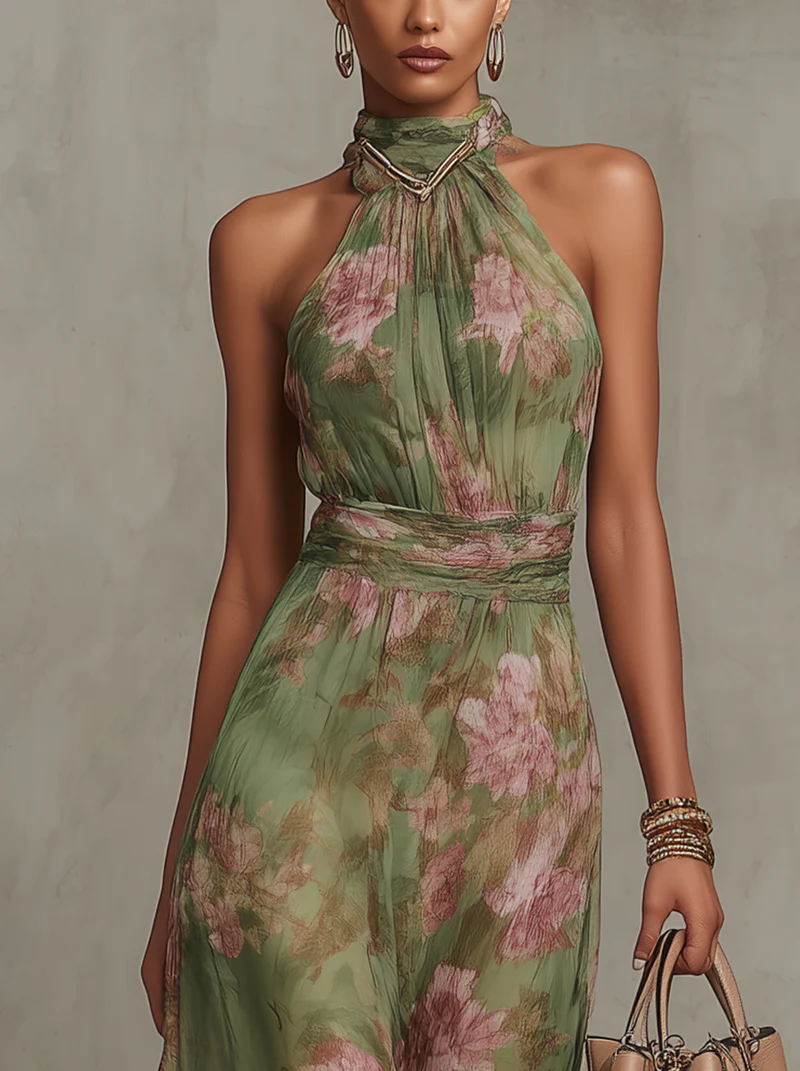 Women's green floral halter maxi dress with a defined waist and flowing skirt