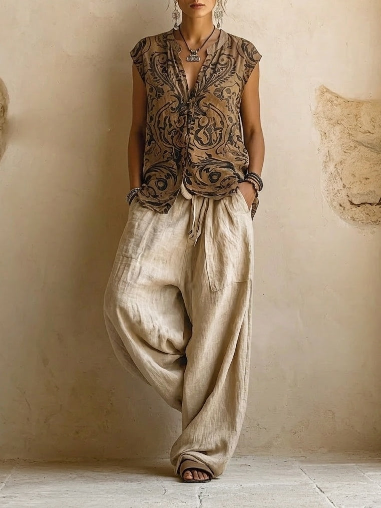 Women's camel three-piece outfit with long coat, patterned V-neck top and wide-leg trousers