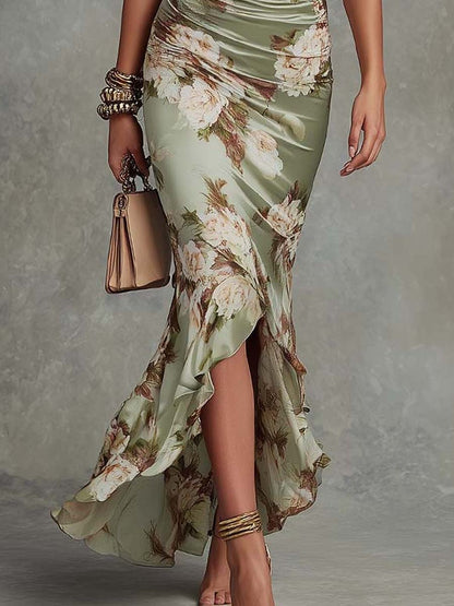 Women's green floral ruched maxi dress with V-neckline and flared sleeves