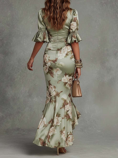 Women's green floral ruched maxi dress with V-neckline and flared sleeves