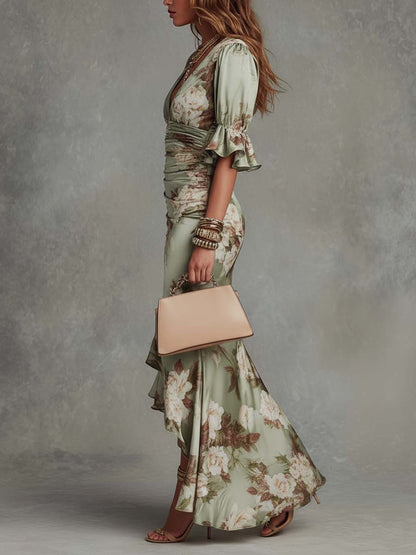 Women's green floral ruched maxi dress with V-neckline and flared sleeves