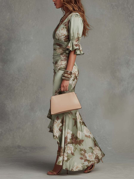 Women's green floral ruched maxi dress with V-neckline and flared sleeves