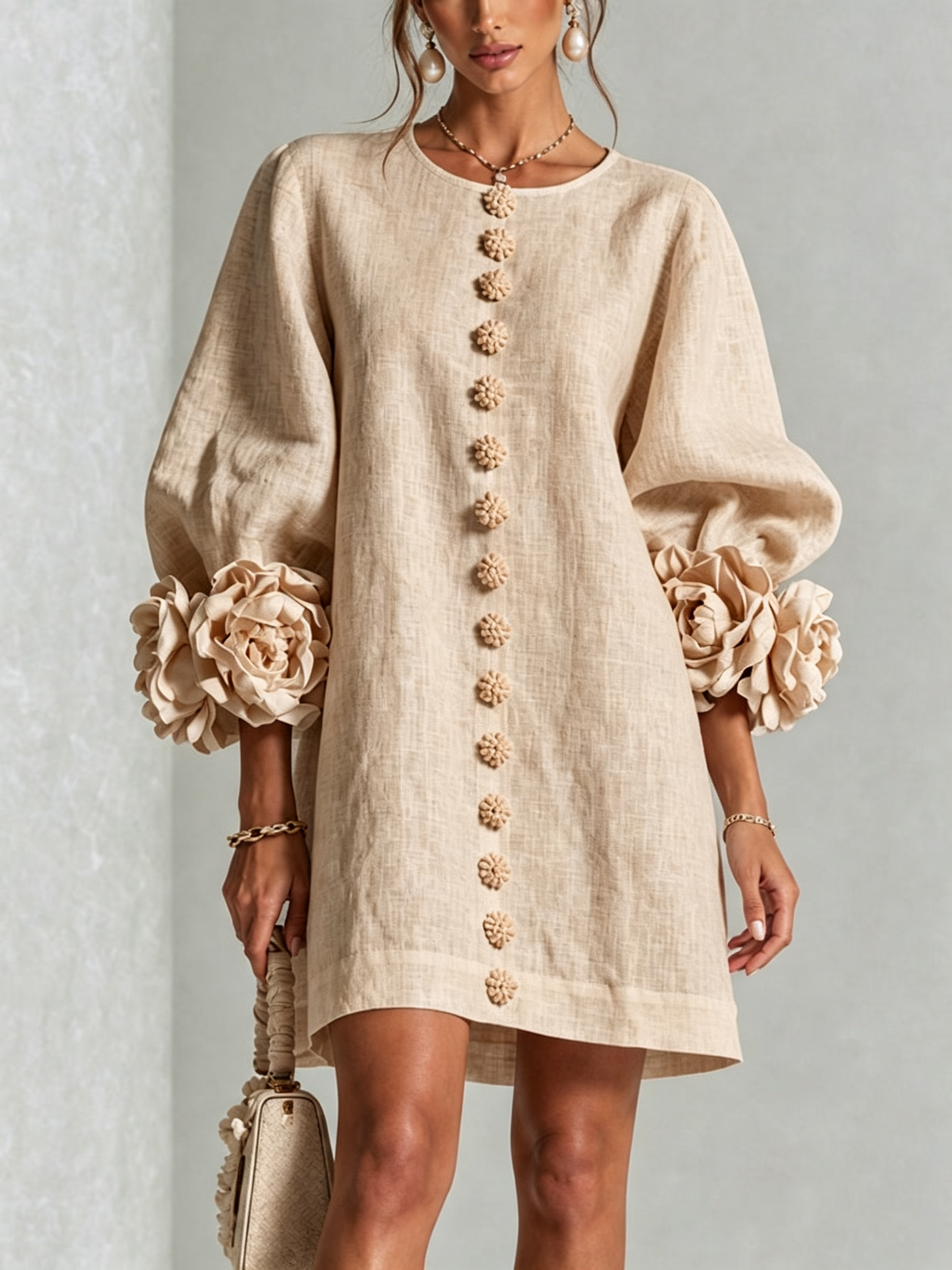 Women's round-neck mini dress with long sleeves, front buttons and oversized floral cuffs