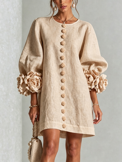 Women's round-neck mini dress with long sleeves, front buttons and oversized floral cuffs