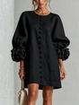 Women's round-neck mini dress with long sleeves, front buttons and oversized floral cuffs