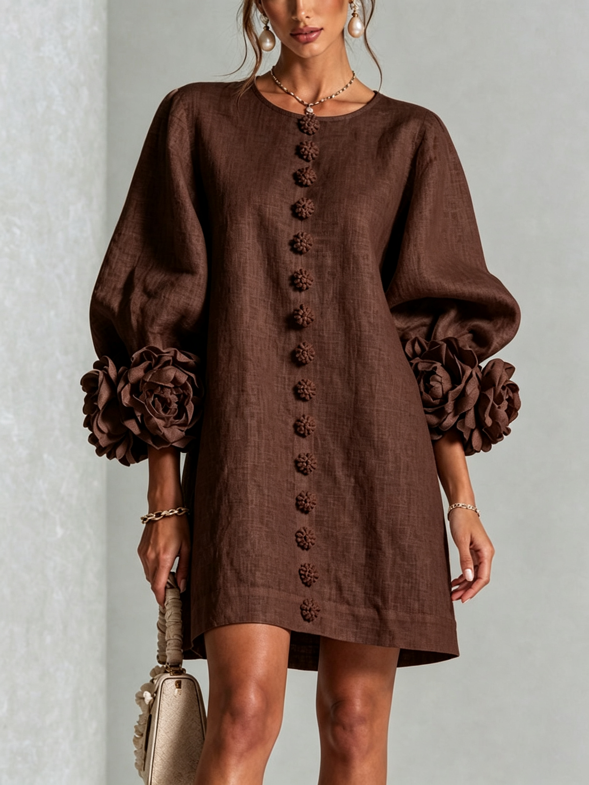 Women's round-neck mini dress with long sleeves, front buttons and oversized floral cuffs