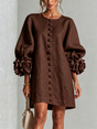 Women's round-neck mini dress with long sleeves, front buttons and oversized floral cuffs