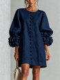 Women's round-neck mini dress with long sleeves, front buttons and oversized floral cuffs