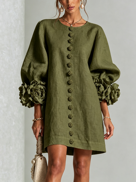 Women's round-neck mini dress with long sleeves, front buttons and oversized floral cuffs