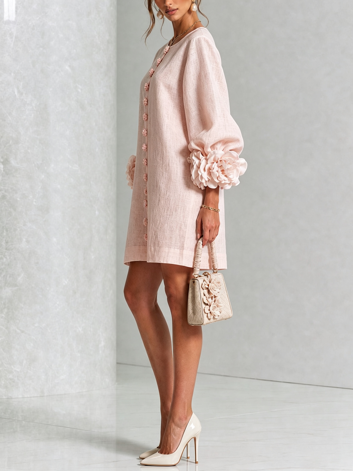 Women's pink mini dress with long sleeves, front buttons and large flower cuffs