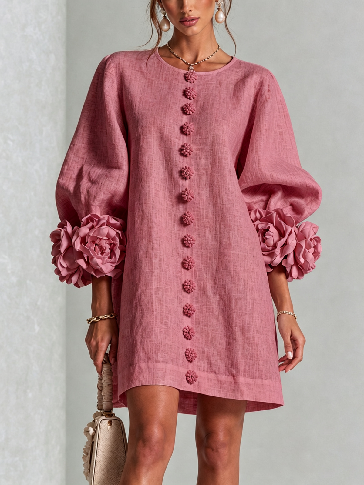 Women's round-neck mini dress with long sleeves, front buttons and oversized floral cuffs