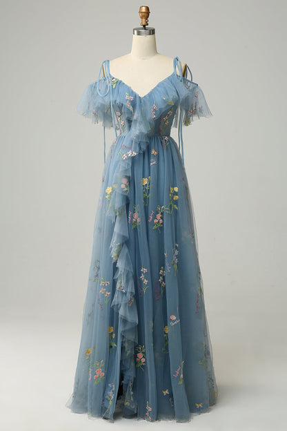 Women's floral embroidered maxi prom dress with ruffled V-neckline and spaghetti straps