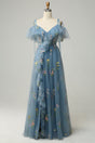 Women's floral embroidered maxi prom dress with ruffled V-neckline and spaghetti straps