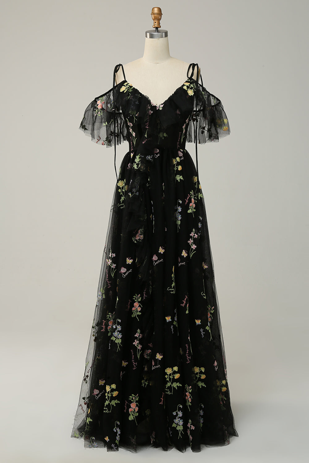 Women's floral embroidered maxi prom dress with ruffled V-neckline and spaghetti straps