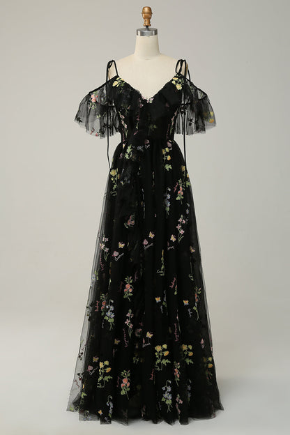 Women's floral embroidered maxi prom dress with ruffled V-neckline and spaghetti straps