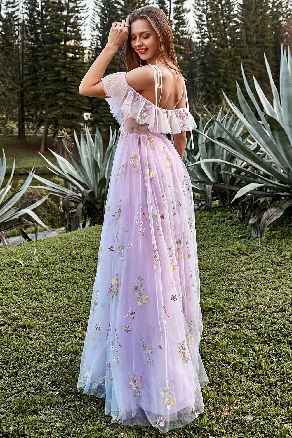Women's floral embroidered maxi prom dress with ruffled V-neckline and spaghetti straps
