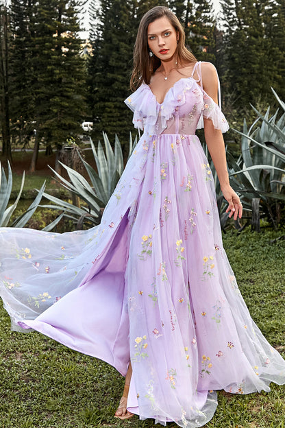 Women's floral embroidered maxi prom dress with ruffled V-neckline and spaghetti straps