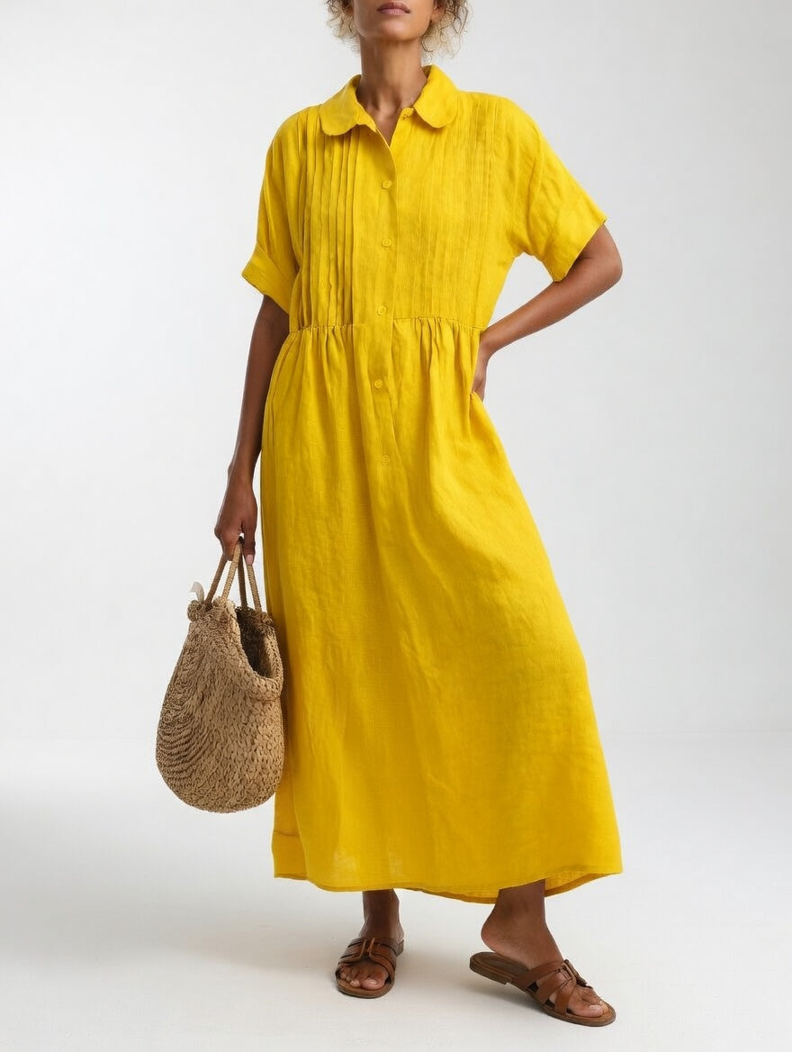 Women's shirt midi dress with rounded collar, short sleeves and gathered waist