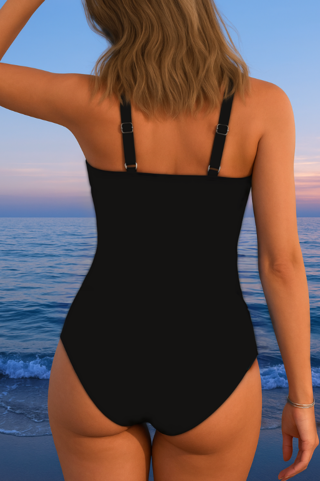Women's striped wrap swimsuit with V-neckline, wide straps and ruched side tie