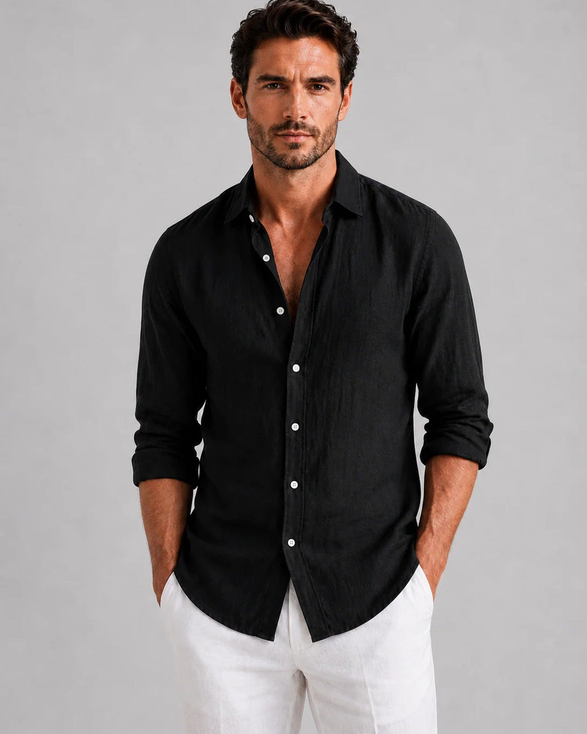 Men's long-sleeve collared shirt with button front and curved hem