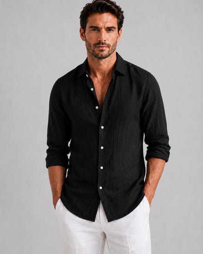 Men's long-sleeve collared shirt with button front and curved hem