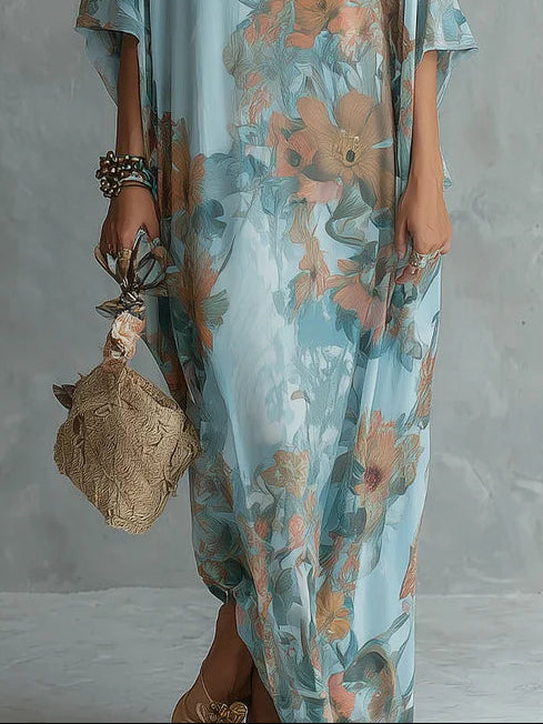 Women's blue floral kaftan maxi dress with wide 3/4 sleeves