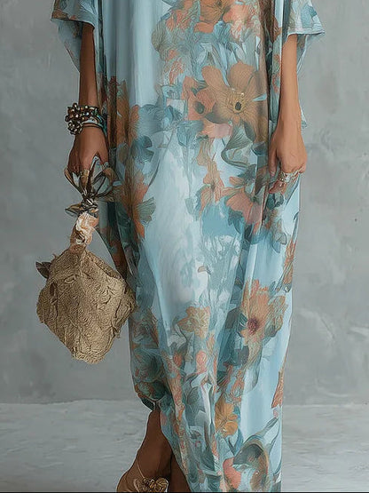 Women's blue floral kaftan maxi dress with wide 3/4 sleeves