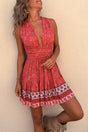 Women's red floral sleeveless mini dress with plunging neckline and tie waist