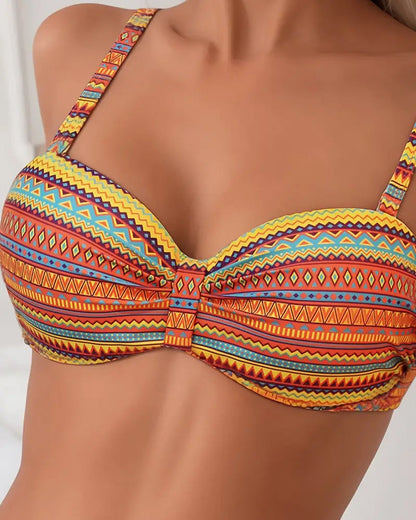Women's multicoloured striped two-piece swimsuit with sweetheart neckline and tied briefs