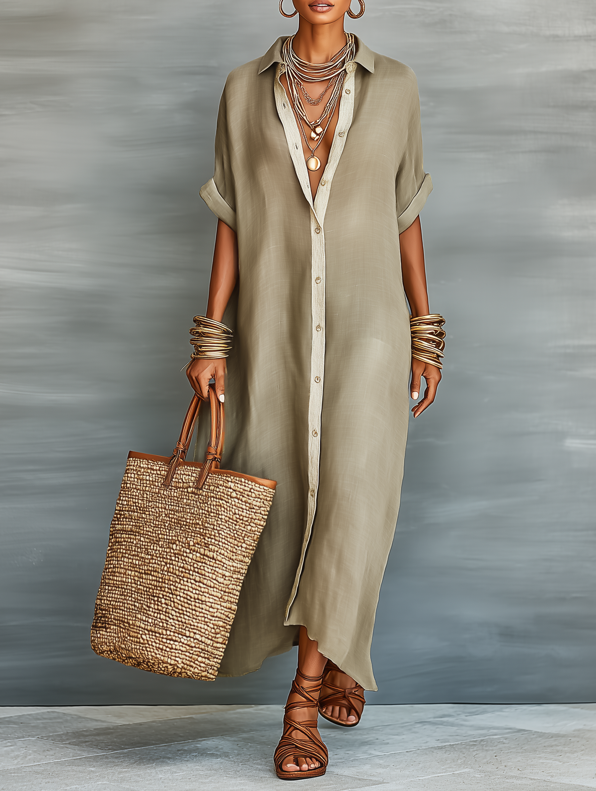 Women's short-sleeve shirt maxi dress with pointed collar and front buttons