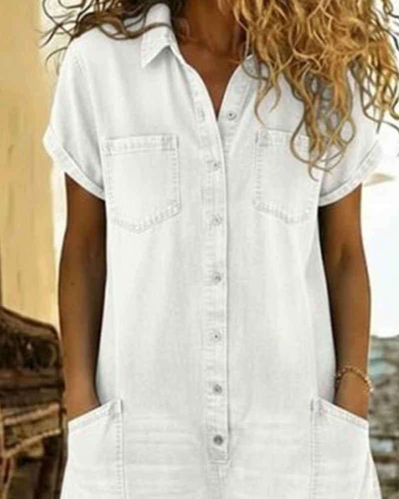 Women's short sleeve button front playsuit with shirt collar, patch pockets and cuffed shorts