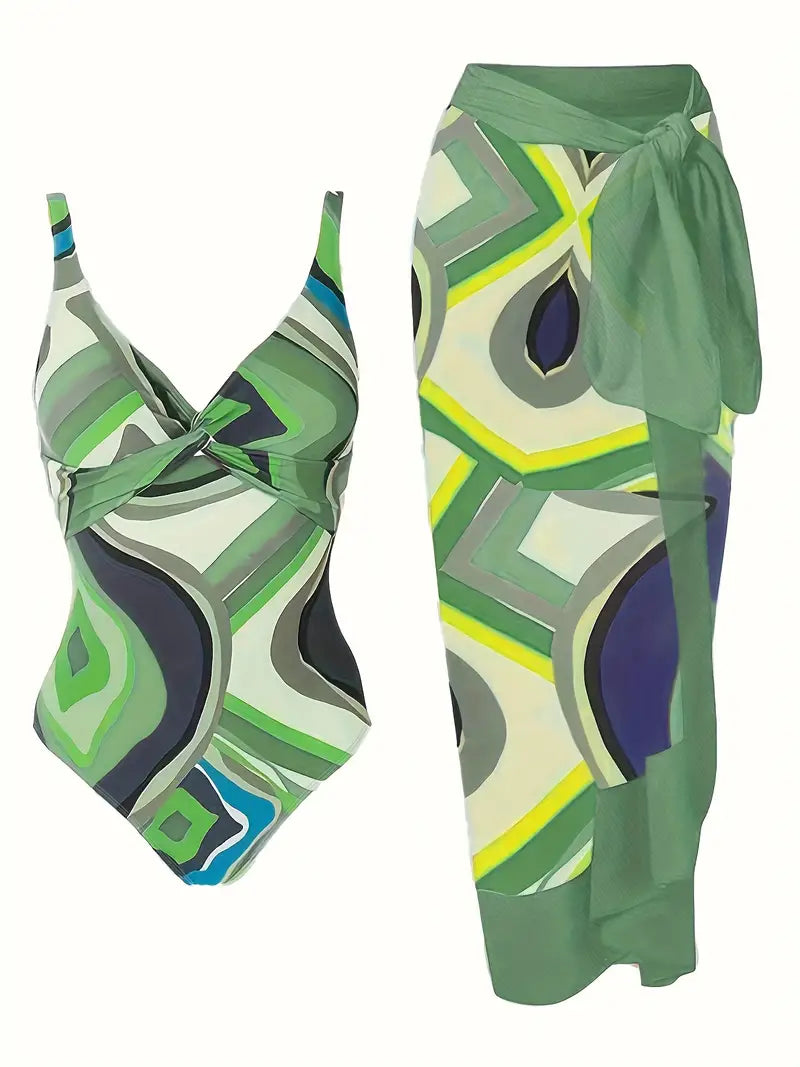 Women's patterned halter one-piece swimsuit with tie detail and long wrap layer