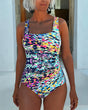 Women's abstract multicoloured one-piece swimsuit with square neckline and wide straps