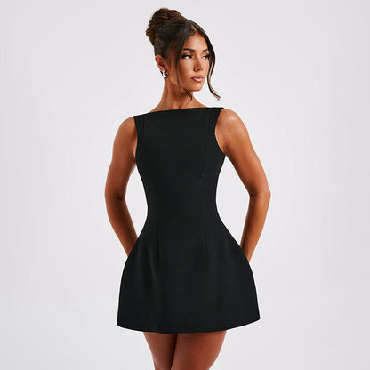 Women's sleeveless A-line mini dress with boat neckline and flared skirt