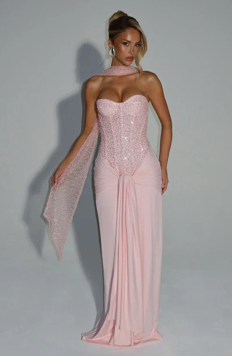 Women's strapless sequined maxi dress with sweetheart neckline and draped floor-length skirt