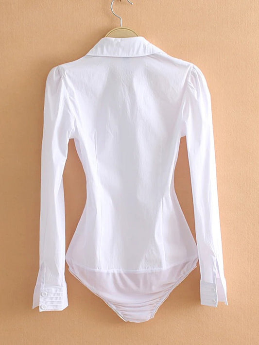 White long-sleeve bodysuit blouse with pointed collar and button front