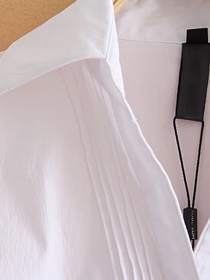 White long-sleeve bodysuit blouse with pointed collar and button front
