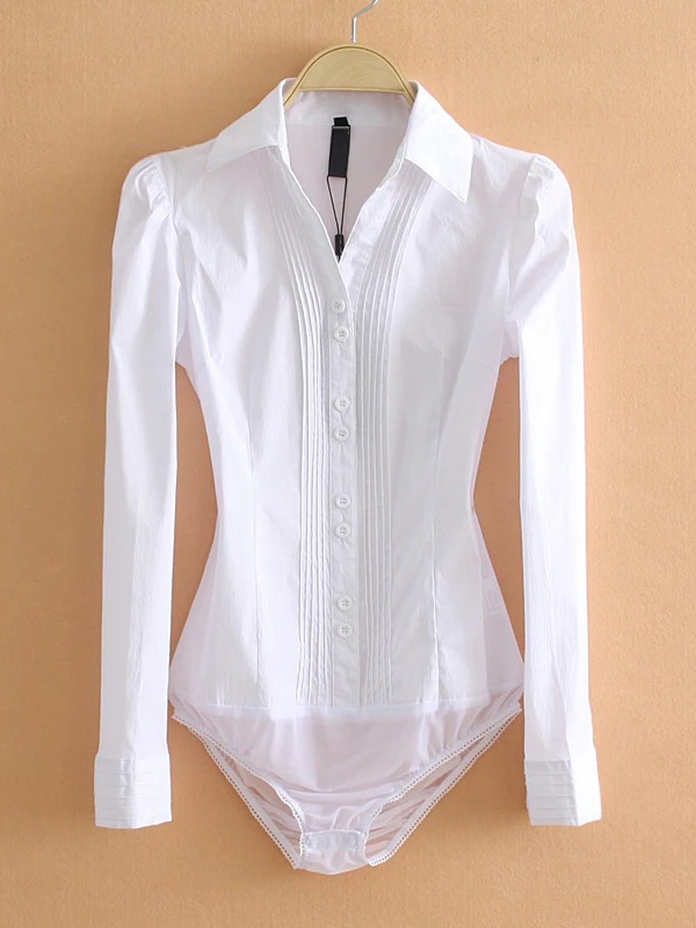 White long-sleeve bodysuit blouse with pointed collar and button front