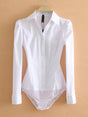 White long-sleeve bodysuit blouse with pointed collar and button front