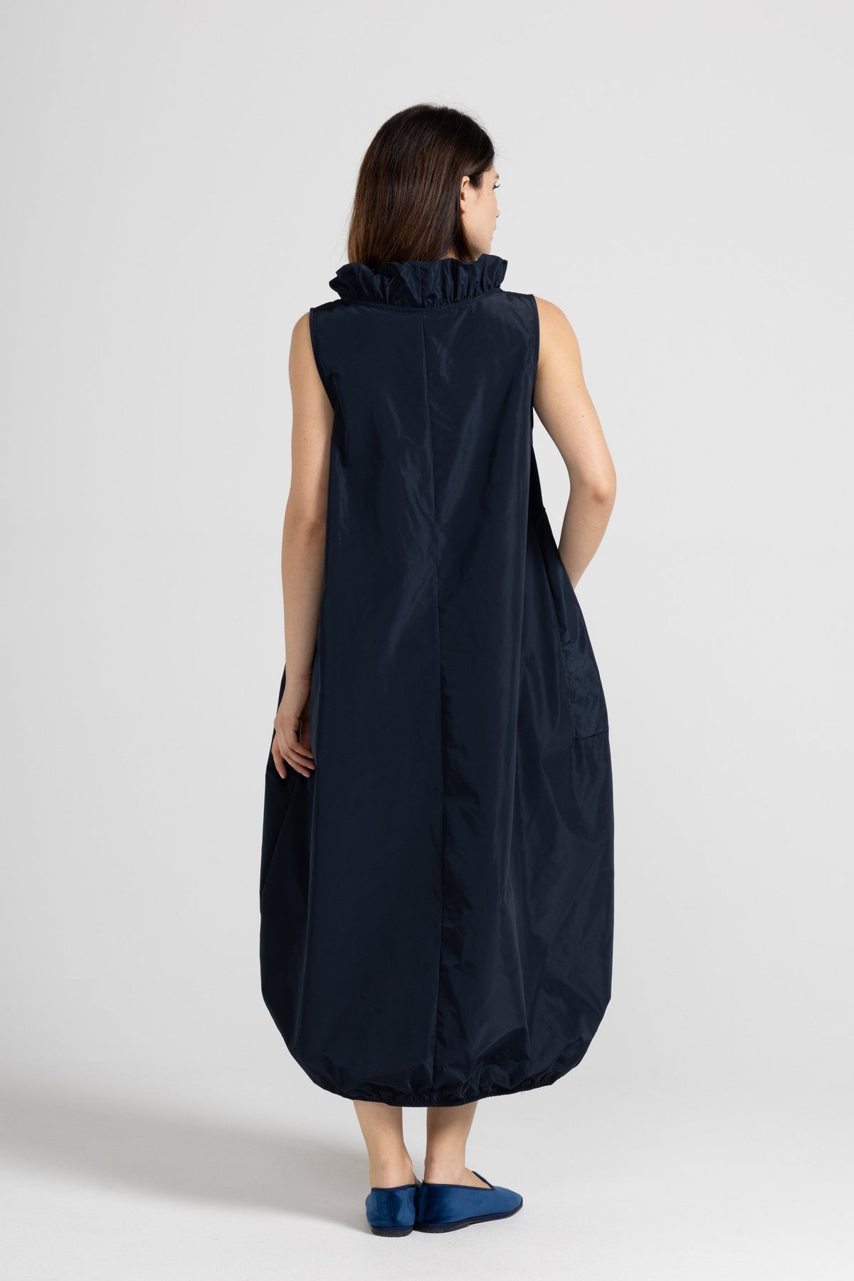 Women's deep blue sleeveless maxi dress with gathered neckline and side pockets