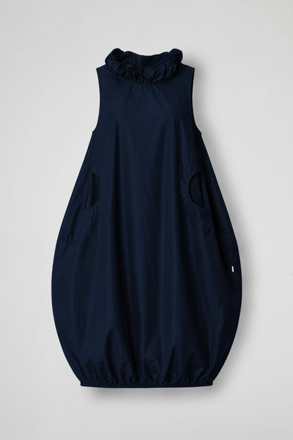 Women's deep blue sleeveless maxi dress with gathered neckline and side pockets