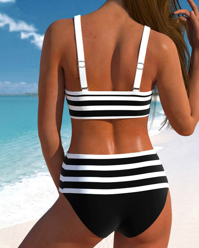 Women's striped bikini set with V-neck top, front bow and high-waisted briefs