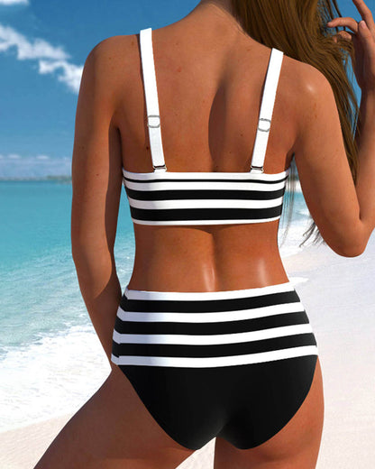 Women's striped bikini set with V-neck top, front bow and high-waisted briefs