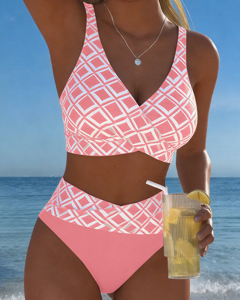 Women's geometric bikini set with V-neck top and high-waisted briefs